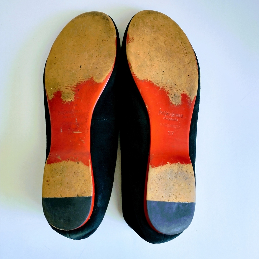 YSL Yves Saint Laurent Black Suede Shoes.(Size 37) Made in Italy. Gold-tone Logo - Picture 14 of 14